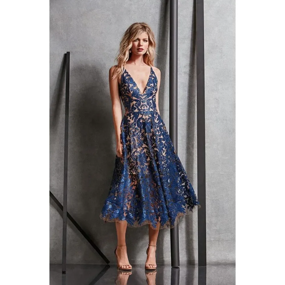 Dress The Population Women's Blair Embellished Fit & Flare Dress Black/Nude XS‎ - Picture 6 of 15